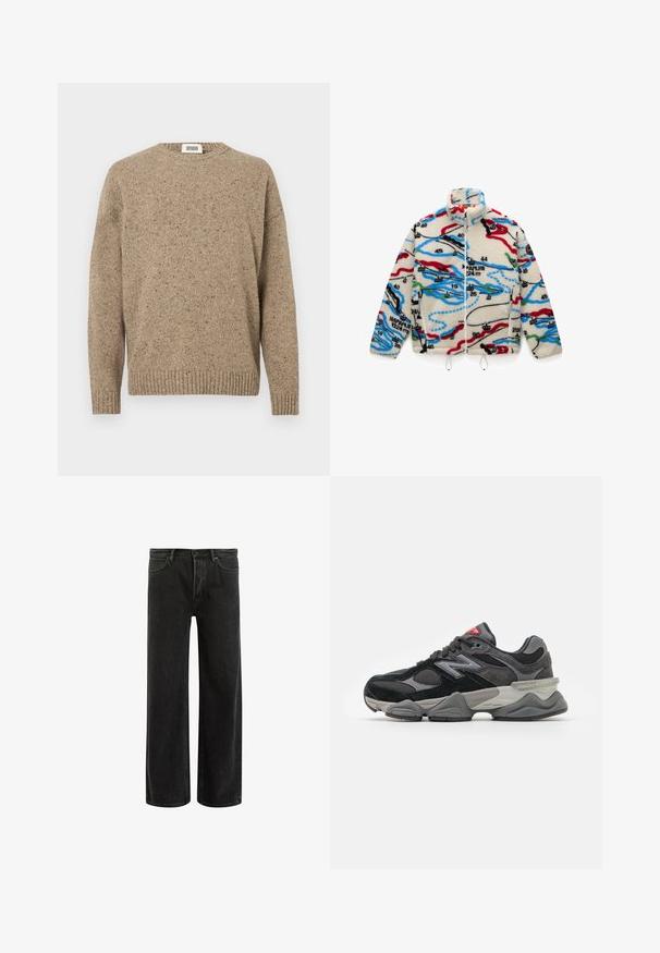 Fleece jakna z osnovno barvo krem, okrašena z večbarvnimi vzorci, ki spominjajo na zemljevid v rdeči, črni, modri in zeleni; ima visok ovratnik in zadrgo.; Bež pleteni pulover s okroglim izrezom, dolgimi rokavi in rebrastim robom. Teksturirana tkanina vsebuje flekse temnejših tonov.; Zeleno bombažno majico s kratkimi rokavi, rebrastim okroglim izrezom in vezenim logotipom Nike na prsih. Gladka tekstura in sproščeno prileganje.; Črne široke kavbojke iz denima z visokim pasom, ki vključujejo klasičen pet-pocket dizajn in subtilno blodenje, kar daje teksturiran videz.; Črne in sivo športne copate z mešanico semiša in mrežastih materialov, debele podplate, izrazit logotip in rdeč poudarek na ježku.