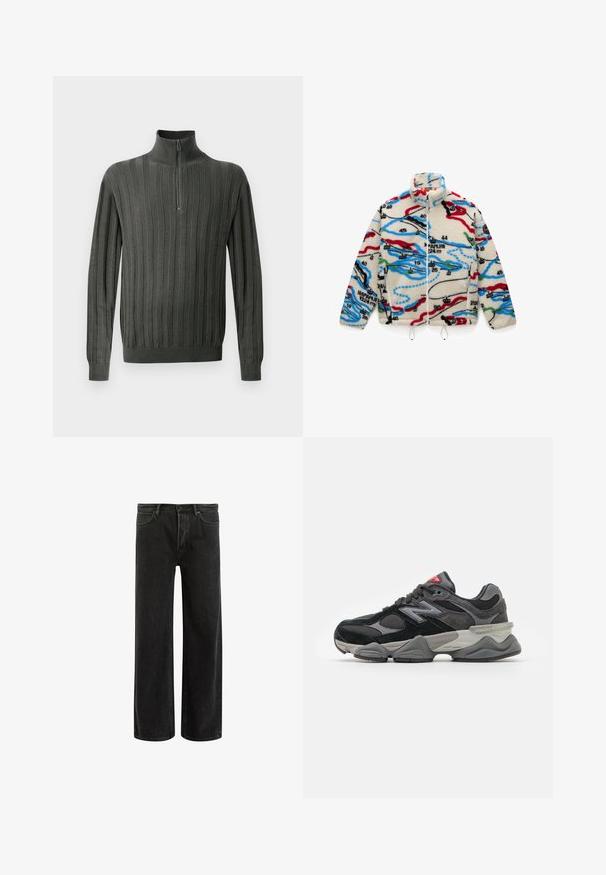 Fleecejacke mit einer cremefarbenen Basis und mehrfarbigen, kartografischen Mustern in Rot, Schwarz, Blau und Grün; hat einen hohen Kragen und einen Reißverschluss.; Dunkelgrüner Strickpullover mit einem halben Reißverschluss-Kragen, der vertikalen Rippstruktur und eng anliegenden Bündchen. Weicher Stoff, lässiges Design.; Grünes Baumwoll-T-Shirt mit kurzen Ärmeln, geripptem Rundhalsausschnitt und gesticktem Nike-Logo auf der Brust. Glatte Textur und entspannte Passform.; Schwarze, weit geschnittene Jeans aus Denim mit hoher Taille, im klassischen Fünf-Taschen-Design und subtilem Verblassen für eine strukturierte Optik.; Schwarzer und grauer Sneaker mit einer Kombination aus Wildleder und Mesh-Materialien, dicker Sohle, ausgeprägtem Logo und roten Akzenten an der Zunge.