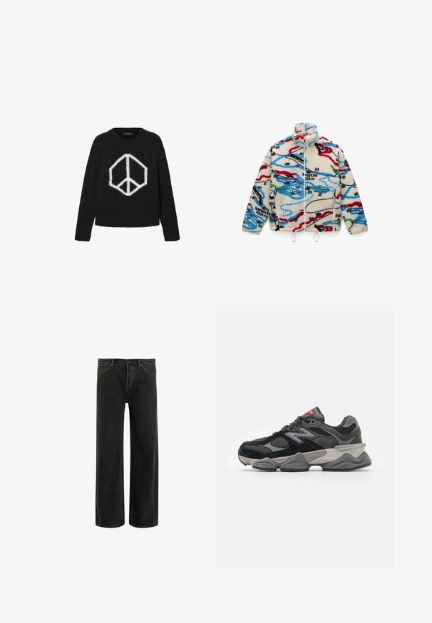 Fleeces jaka ar krēmkrāsas pamatni, ar daudzkrāsainām, kartēm līdzīgām rakstainēm sarkanā, melnā, zilā un zaļā krāsā; tai ir augsts apkakle un rāvējslēdzēja aizdare.; Melna adīta džemperis ar baltu miera zīmi, apaļu kakla izgriezumu, garām piedurknēm un nolietotu audumu.; Zaļš kokvilnas T-krekls ar īsām piedurknēm, ribināta apļa kakla izgriezums un izbrošēts Nike logotips uz krūtīm. Gluda tekstūra un brīvs piegriezums.; Melnas denima platleņķa džinsi ar augstu jostasvietu, izceļoties ar klasisko piecu kabatu dizainu un maigu izbalējumu, radot teksturētu izskatu.; Melna un pelēka sporta apavi ar suede un sieta materiālu kombināciju, bieza zole, izteikts logs un sarkana akcents uz mēles.