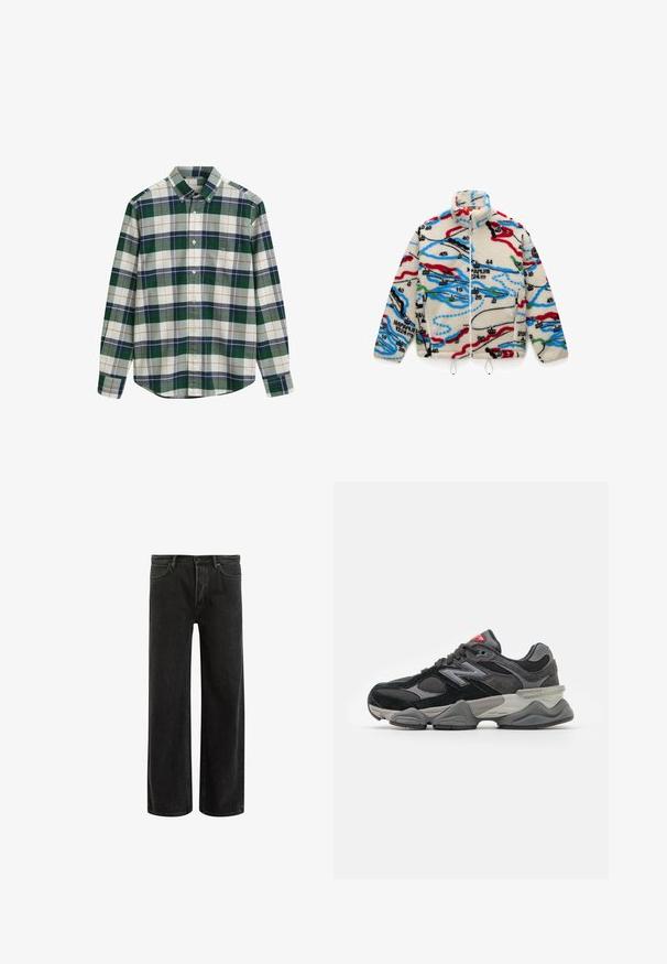 Fleecejack is van een crèmekleurige basis met meerkleurige kaartachtige patronen in rood, zwart, blauw en groen; heeft een hoge kraag en ritssluiting.; Groen en witte geruite overhemd met knopen en een kraag, voorzien van marineblauwe, grijze en oranje accenten. Inclusief een zak op de linkerkant van de borst.; Zwarte denims met wijde benen en een hoge taille, met een klassiek vijf zakken ontwerp en subtiele vervaging voor een textuur uitstraling.; Zwarte en grijze sneaker met een mix van suede en mesh materialen, dikke zool, opvallend logo en een rode accent op de tong.