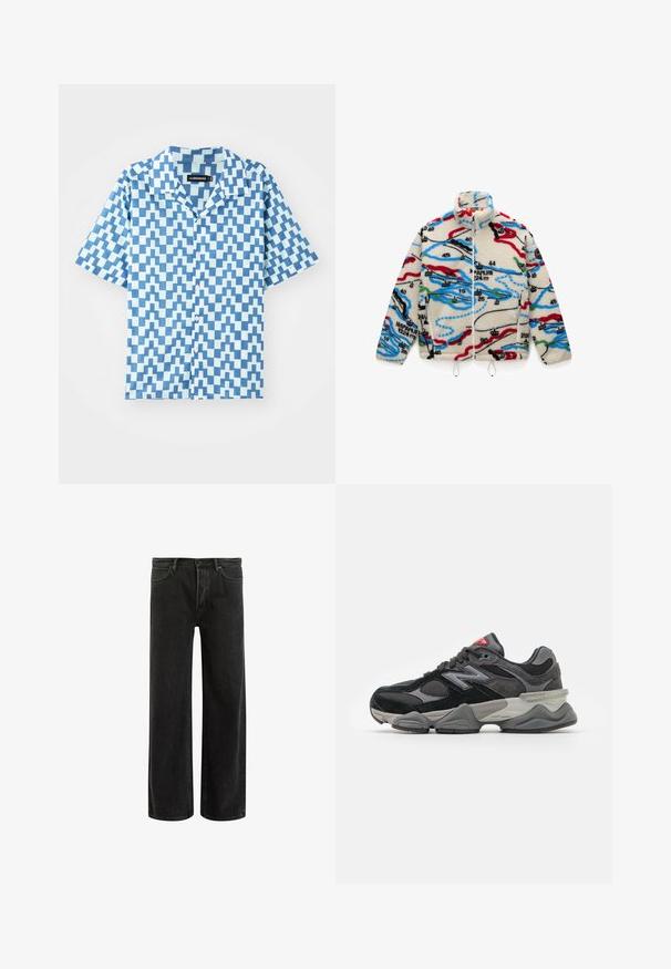 Fleecejacke mit einer cremefarbenen Basis und mehrfarbigen, kartografischen Mustern in Rot, Schwarz, Blau und Grün; hat einen hohen Kragen und einen Reißverschluss.; Kurzarm-Hemd mit Knopfleiste in Blautönen, mit einem geometrischen Zickzackmuster, aus leichtem Stoff gefertigt. Verfügt über einen klassischen Kragen und eine normale Passform.; Schwarze, weit geschnittene Jeans aus Denim mit hoher Taille, im klassischen Fünf-Taschen-Design und subtilem Verblassen für eine strukturierte Optik.; Schwarzer und grauer Sneaker mit einer Kombination aus Wildleder und Mesh-Materialien, dicker Sohle, ausgeprägtem Logo und roten Akzenten an der Zunge.