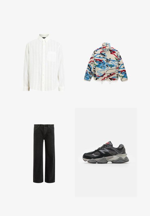 Chaqueta de forro polar con base crema y patrones multicolores similares a un mapa en rojo, negro, azul y verde; tiene un cuello alto y cierre de cremallera.; Camisa blanca de botones con un patrón de rayas texturizadas, mangas largas y un bolsillo en el pecho; cuenta con un cuello clásico y cierre de botones.; Camiseta de algodón verde con mangas cortas, cuello redondo acanalado y logotipo bordado de Nike en el pecho. Textura suave y corte relajado.; Jeans de mezclilla negra de pierna ancha con cintura alta, que presentan un diseño clásico de cinco bolsillos y un sutil desvanecimiento para una apariencia texturizada.; Zapatilla negra y gris con una mezcla de materiales de ante y malla, suela gruesa, logotipo prominente y acento rojo en la lengüeta.