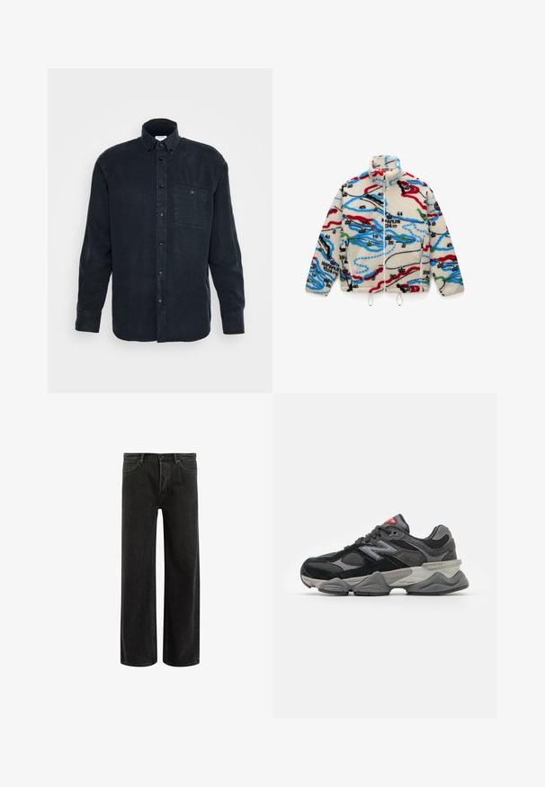 Polarowa kurtka w kolorze kremowym, zdobiona wielokolorowymi wzorami przypominającymi mapę w odcieniach czerwieni, czerni, niebieskiego i zielonego; z wysokim kołnierzem i zapięciem na zamek.; Granatowa, długorękawowa koszula z guzikiem wykonana z miękkiej bawełny, z jedną kieszenią na piersi i klasycznym kołnierzykiem.; Zielona bawełniana koszulka z krótkim rękawem, prążkowany okrągły dekolt, haftowane logo Nike na piersi. Gładka struktura i luźny krój.; Czarne dżinsy o szerokich nogawkach z wysokim stanem, z klasycznym pięciopunktowym krojem oraz delikatnym wyblaknięciem dla uzyskania teksturowanego wyglądu.; Czarno-szare sneakersy z połączeniem materiałów zamszowych i siateczkowych, gruba podeszwa, wyraźne logo oraz czerwony akcent na języku.