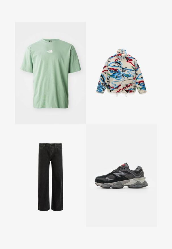 Fleece jacket featuring a cream base with multicolored map-like patterns in red, black, blue, and green; has a high collar and zip closure.; Light green cotton t-shirt with short sleeves, crew neckline, and a small white logo on the chest. Soft texture, relaxed fit.; Black denim wide-leg jeans with a high waist, featuring classic five-pocket design, and subtle fading for a textured appearance.; Black and gray sneaker with a mix of suede and mesh materials, thick sole, prominent logo, and red accent on the tongue.