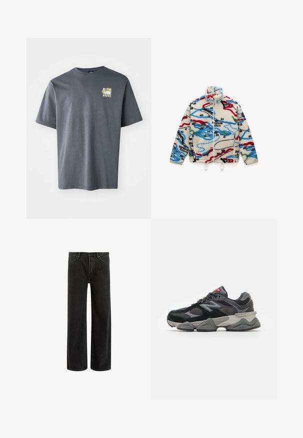 Flísová bunda s krémovým základom a viacfarebnými mapovými vzormi v červenej, čiernej, modrej a zelenej; má vysoký golier a zips.; Sivý tričko s krátkym rukávom z bavlny s malou kvetinovou grafikou na hrudi. Design s okrúhlym výstrihom, jemná textúra a voľný strih.; Čierne džínsy s širokými nohavicami a vysokým pásom, so classic piatimi vreckami a jemným vyblednutím pre textúrovaný vzhľad.; Čierne a šedé tenisky s kombináciou semišu a sieťoviny, hrubou podrážkou, výrazným logom a červeným akcentom na jazyku.
