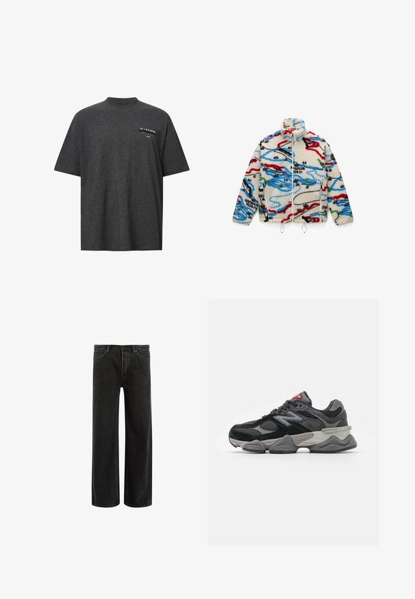 Fleece jakna z osnovno barvo krem, okrašena z večbarvnimi vzorci, ki spominjajo na zemljevid v rdeči, črni, modri in zeleni; ima visok ovratnik in zadrgo.; Temno siva oversize majica iz mehkega materiala, z okroglo ovratnico in sprednjim tiskom na prsih, ki vključuje bel tekst in logo.; Črne široke kavbojke iz denima z visokim pasom, ki vključujejo klasičen pet-pocket dizajn in subtilno blodenje, kar daje teksturiran videz.; Črne in sivo športne copate z mešanico semiša in mrežastih materialov, debele podplate, izrazit logotip in rdeč poudarek na ježku.