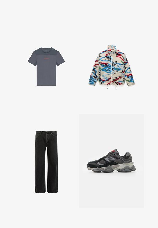 Fleeces jaka ar krēmkrāsas pamatni, ar daudzkrāsainām, kartēm līdzīgām rakstainēm sarkanā, melnā, zilā un zaļā krāsā; tai ir augsts apkakle un rāvējslēdzēja aizdare.; Pelēks sporta t-krekls ar acs akcentiem, apaļu kakla izgriezumu, īsām piedurknēm un kontrastējošu sarkanu "Calvin Klein" logo uz krūtīm.; Melnas denima platleņķa džinsi ar augstu jostasvietu, izceļoties ar klasisko piecu kabatu dizainu un maigu izbalējumu, radot teksturētu izskatu.; Melna un pelēka sporta apavi ar suede un sieta materiālu kombināciju, bieza zole, izteikts logs un sarkana akcents uz mēles.