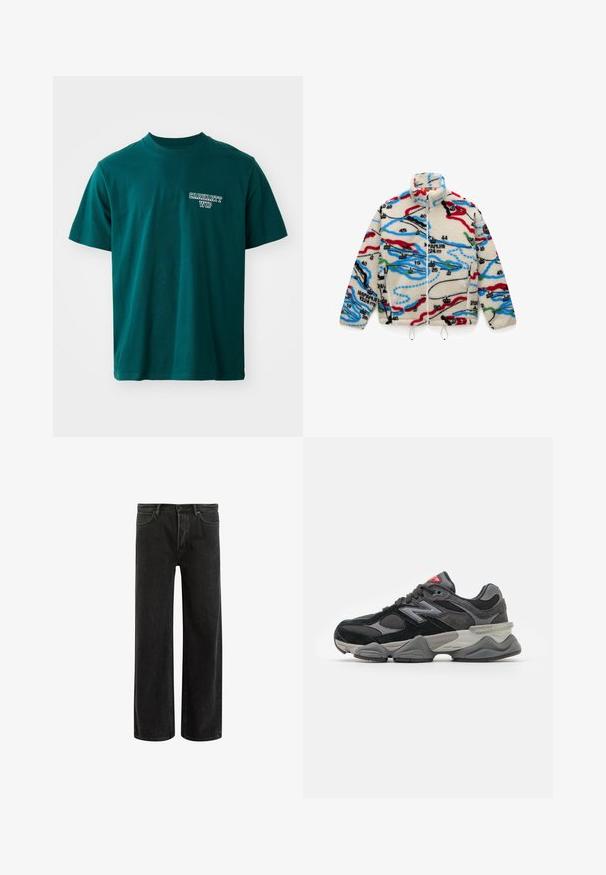 Fleecejakke med en cremet base og multicolore kortlignende mønstre i rød, sort, blå og grøn; har en høj krave og lynlås.; Teal bomulds T-shirt med korte ærmer og rund hals. Inkluderer hvidt "Carhartt WIP" logo på venstre bryst. Simpelt design, lige snit.; Sorte denim bredde ben jeans med høj talje, med klassisk fem-lomme design og subtil falmning for et tekstureret udseende.; Sort og grå sneakers med en kombination af ruskind og mesh-materialer, tyk sål, fremtrædende logo og rød accent på tungen.