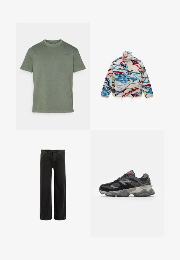 Fleece bunda s krémovým podkladem a vícbarevnými mapovými vzory v červené, černé, modré a zelené; má vysoký límec a zapínání na zip.; Olivově zelené bavlněné tričko, kulatý výstřih, krátké rukávy, s malým černým logem na levé hrudi a uvolněným střihem.; Černé džíny s širšími nohavicemi a vysokým pasem, s klasickým designem pěti kapes a jemným vyblednutím pro texturovaný vzhled.; Černé a šedé sneakersy se směsí semišových a síťovaných materiálů, silnou podrážkou, výrazným logem a červeným akcentem na jazyku.