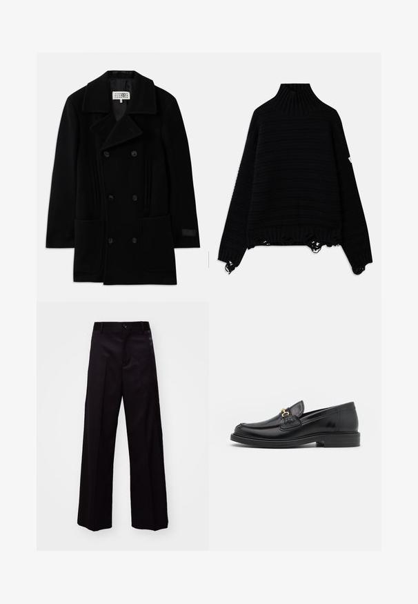 Czarny dwurzędowy płaszcz wełniany, z szerokim kołnierzem, dwiema przednimi kieszeniami oraz subtelnymi pionowymi akcentami po bokach.; Czarny sweter dzianinowy z prążkowanym, wysokim kołnierzem, w paski i postrzępionymi końcówkami. Posiada długie rękawy i luźny krój.; MM6 Maison Margiela - Spodnie materiałowe; Czarne skórzane loafersy z zaokrąglonym noskiem, z ozdobnymi złotymi akcentami i detalami szycia, osadzone na niskiej, teksturowanej gumowej podeszwie.