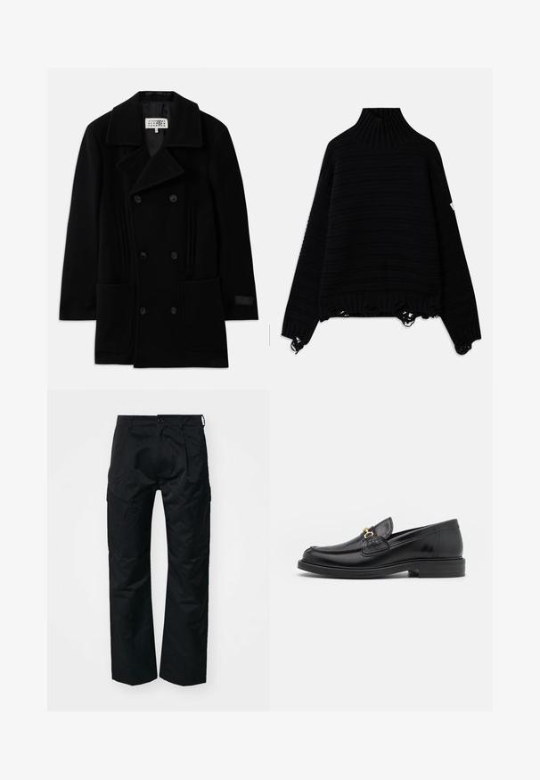 Schwarzer doppelt geknöpfter Wollmantel mit breitem Kragen, zwei Fronttaschen und subtilen vertikalen Akzenten an den Seiten.; Schwarzer Strickpullover mit einem gerippten, hohen Kragen, gestreiftem Muster und ausgefransten Säumen. Hat lange Ärmel und eine lockere Passform.; Schwarze Cargo-Hosen mit glatter Textur, die über Seitentaschen, einen Knopfverschluss und einen lässigen Schnitt verfügen.; Schwarze Lederleter mit einer abgerundeten Zehenpartie, ausgestattet mit goldenen Hardwareakzenten und Stichdetails, auf einer niedrigen, strukturierten Gummisohle.