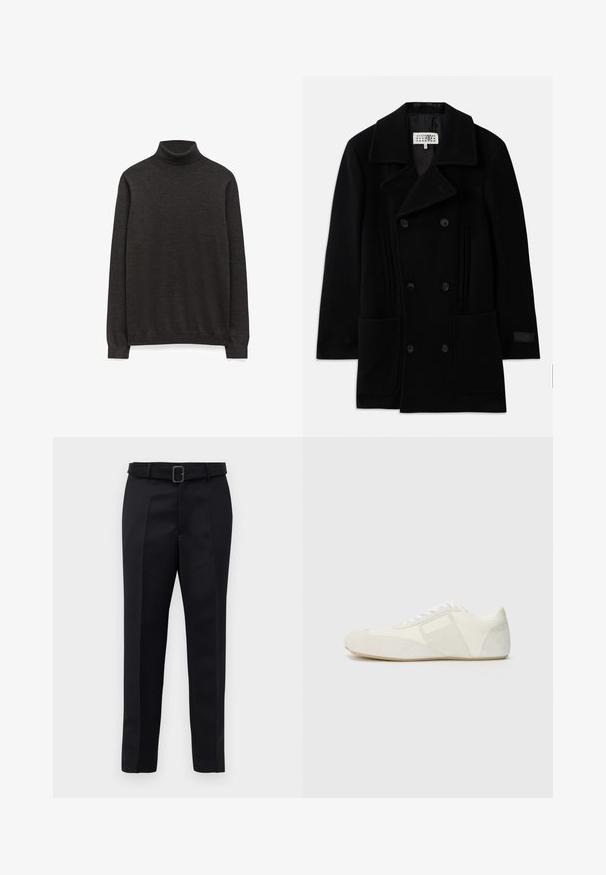 Schwarzer doppelt geknöpfter Wollmantel mit breitem Kragen, zwei Fronttaschen und subtilen vertikalen Akzenten an den Seiten.; Dunkelgrauer Rollkragenpullover aus einem weichen Strickstoff, mit langen Ärmeln und einer taillierten Silhouette ohne sichtbare Logos.; Schwarze maßgeschneiderte Hosen aus glattem Stoff, mit geradem Schnitt und einem Bund mit rechteckiger Schnalle. Auffällige Frontfalten betonen das Design.; Weißer Sportschuh mit einem eleganten Design, ausgestattet mit einer Wildleder-Zehenkappe, Lederpaneelen und kontrastierenden strukturierten Akzenten. Flache Gummisohle.
