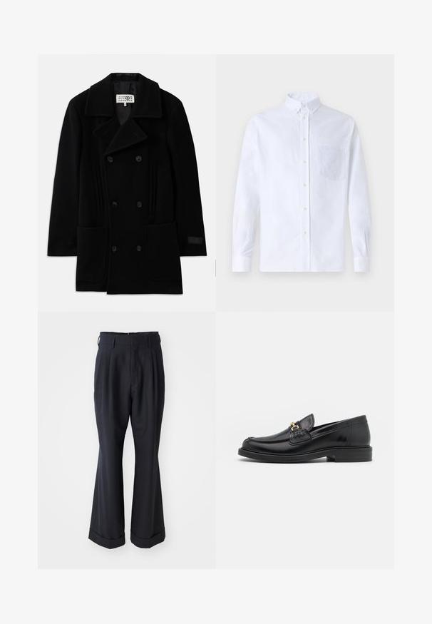 Fekete, dupla gombolású gyapjúkabát, széles gallérral, két elülső zsebbel és diszkrét függőleges díszítéssel az oldalán.; Fehér, hosszú ujjú, gombos ing pamutból, mellzsebbel, tónusos hímzéssel, gallérral és gombos mandzsettával.; Fekete, tailored (szabott) nadrág, laza szabással, pleátelt elejével és széles lábakkal. Jellemzője a felhajtott szegély és a sima szövettextúra.; Fekete bőr loaferek, lekerekített orral, aranyszínű fémrész és varrási részletek díszítik, alacsony, strukturált gumitalpon.