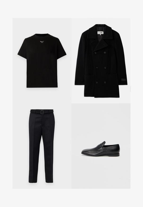 Black double-breasted coat made of wool, featuring a wide collar, two front pockets, and subtle vertical accents on the sides.; Black cotton T-shirt with short sleeves, crew neckline, and a silver logo detail at the chest. Smooth texture and relaxed fit.; Black tailored trousers feature a smooth fabric, straight cut, and a belted waist with a rectangular buckle. Notable front creases enhance the design.; Black leather slip-on shoe with a pointed toe, smooth texture, and subtle branding on the side. Low heel with a clean, minimal design.