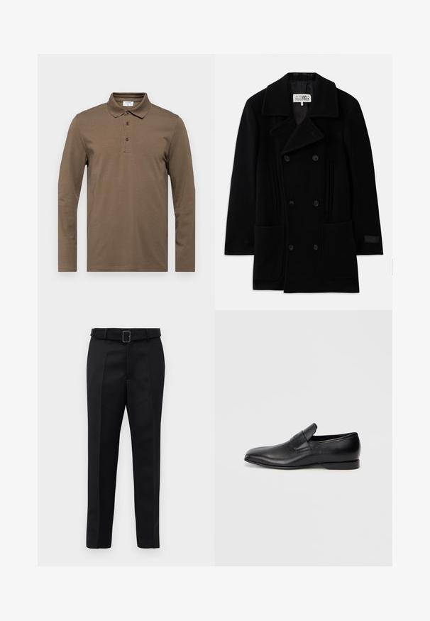 Palton dublu din lână, de culoare neagră, cu guler lat, două buzunare în față și accente verticale subtile pe laturi.; Cămașă polo cu mânecă lungă, de culoare maro, realizată dintr-un material moale, având un guler clasic, o deschidere cu trei butoane și detalii de cusătură discrete.; Pantalonii negri ajustați sunt fabricați dintr-un material neted, au croi drept și o talie încrustată cu o cataramă rectangulară. Pliseele frontale notabile îmbunătățesc designul.; Pantofii negri din piele, slip-on, cu vârf ascuțit, textură netedă și branding subtil pe lateral. Toc jos cu un design curat și minimal.