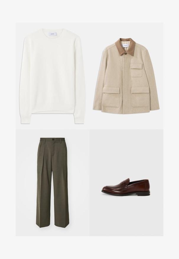 Beige gyapjú keverék dzseki barna kontrasztos gallérral, két elülső zsebbel és gombos záródással. Tiszta, minimalista dizájn.; Fehér bordázott pulóver kerek nyakkivágással és hosszú ujjakkal; puha textúrával rendelkezik, és egyenletes, finom mintázat található az anyagon.; Filippa K WIDE TROUSERS - Nadrágok - driftwood; Barna bőr loaferek lekerekített orral, elülső pánt részlettel és alacsony, stílusos sarokkal. Sima textúra minimális díszítéssel.