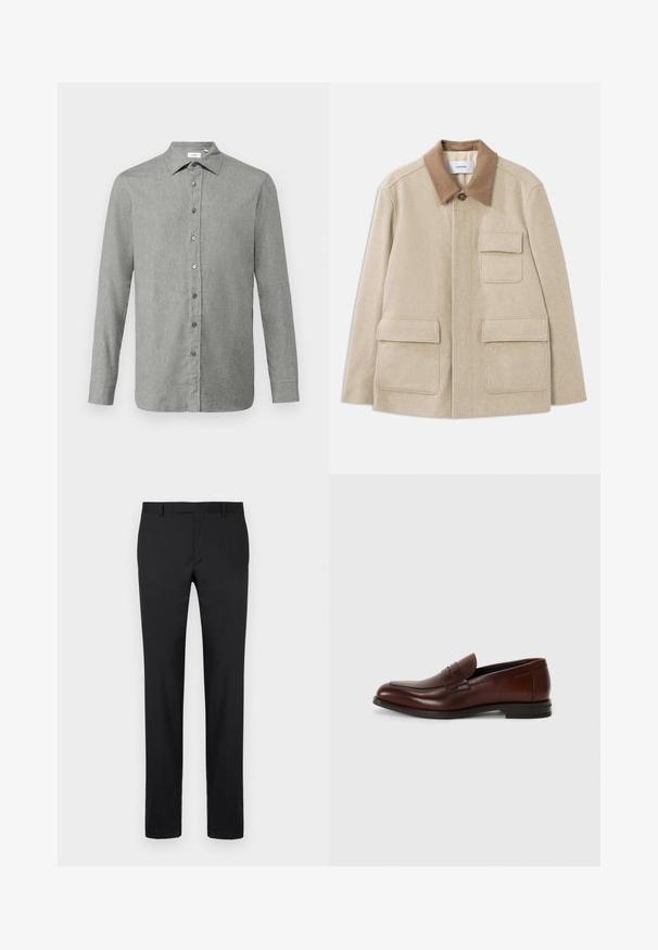 Beež villasegu jope pruunist kontrastkraest, kahe esipocketiga ja nööbiga sulgemisega. Puhta ja minimalistliku disainiga.; Heled hall särk, mis on valmistatud tekstuuritud kangast, klassikalise krae, pikkade varrukate ja hallide nööpide ning ees.; Mustad püksid, millel on kohandatud disain, sirged sääred, tavalised vöökohad ja sile tekstuur. Ilma nähtavate mustrite või riistvarata.; Pruunist nahast loafers'd ümara varbaga, eesrinde rihma detailiga ja madala kühveldatud kanna ning siledalt tekstuurilt, minimaalse dekoratiivsete aktsentidega.