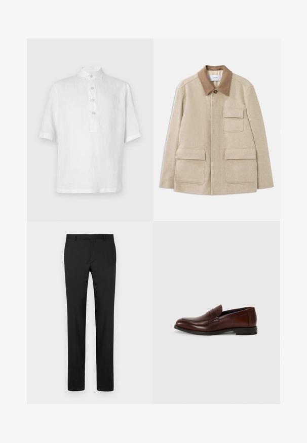 Beige uldblandingsjakke med en brun kontrastkrave, der har to forlommer og en knaplukning. Ren, minimalistisk design.; Hvid kortærmet polo-shirt lavet af linned. Har en knaplukning, en traditionel krave og en afslappet pasform. Glat, let tekstur.; Sorte bukser med skræddersyet design, lige ben, standard bæltestropper og glat tekstur. Ingen synlige mønstre eller hardware.; Brune læder loafers med rund tå, frontremdetail og en lav stablet hæl. Glat tekstur med minimale dekorative accenter.