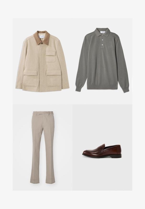 Bež jakna od vune s smešanim ovratnikom, sa dva prednja džepa i dugmetom za zatvaranje. Čist, minimalistički dizajn.; Sivi dugih rukava polo majica od teksture, s klasičnim ovratnikom, placket s tri gumba i rebrastim manžetama.; Svijetlosmeđe hlače ravnog kroja, izrađene od glatkog materijala. Imaju pojas s petljama i čiste, krojačke šavove.; Smeđe kožne mokasine s zaobljenim prstima, detaljem remena sprijeda i niskim složenim potplatom. Glatka tekstura s minimalnim dekorativnim akcentima.