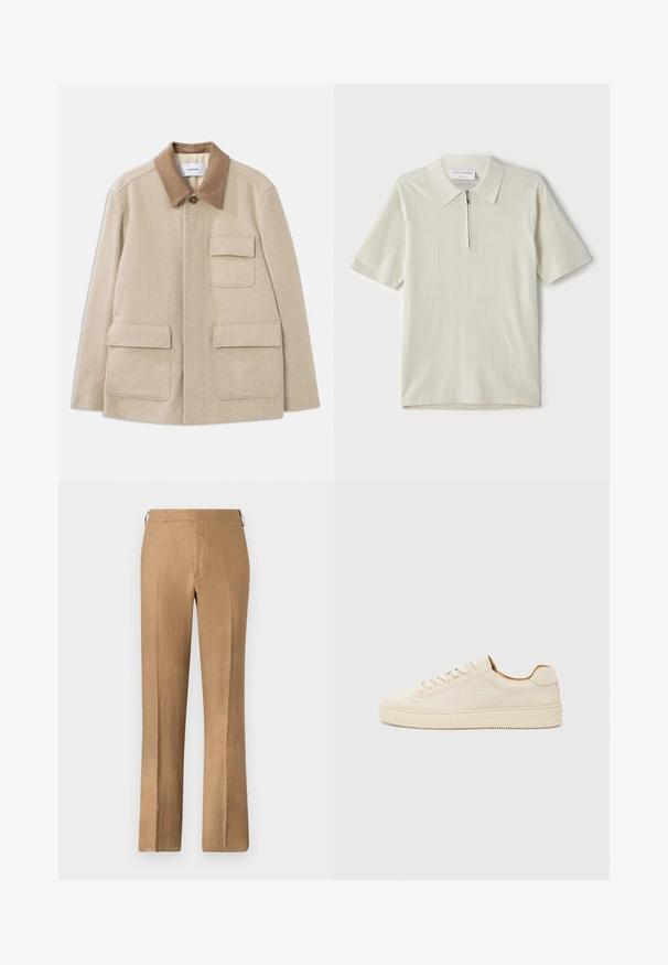 Bežna jakna iz volne s kontrastnim rjavim ovratnikom, opremljena z dvema sprednjima žepoma in gumbom za zapiranje. Čist, minimalistični dizajn.; Polo majica s kratkimi rokavi v svetlo bež barvi z zadrgo pri ovratniku. Narejena iz gladkega materiala, ima preprost, sodoben dizajn brez vzorcev.; Rjave lanene hlače s ravnim krojem, ki se ponašajo z gladko teksturo, skritim pasom in brez vidnih žepov.; Bež suède teniska z nizkim dizajnom, okroglim prstom, ravnimi čipkami in teksturirano gumijasto podplatom. Minimalističen slog brez vidnih logotipov.