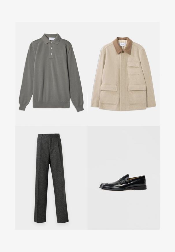Beež villasegu jope pruunist kontrastkraest, kahe esipocketiga ja nööbiga sulgemisega. Puhta ja minimalistliku disainiga.; Hallhalli pikkvarrukaga polo särk tekstuurses kangas, klassikalise krae, kolme nööbiga paelu ja soonikuga varrukatega.; Hallidehased hallid püksid tekstureeritud kangast, millel on kaks eesmist voldi ja sirge sääre disain. Pole nähtavaid taskuid ega kaunistusi.; Musta nahast loafer, millel on sile viimistlus, ümmargune varvas, dekoratiivne tikand ja madal virnastatud konts. Ilma nähtava brändita.