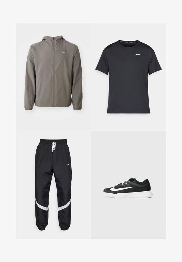 Pilkas vėjui atsparus džemperis su prigludusia kapišonu, užtrauktuku priekyje ir elastinėmis rankovėmis. Ant krūtinės matomas subtilus Nike logotipas. Lygaus matinio paviršiaus.; Juodas Nike bėgimo marškinėlis, pagamintas iš lengvos, kvėpuojančios medžiagos, turintis trumpas rankoves ir mažą baltą logotipą ant krūtinės.; Juodi sportiniai kelnes su baltomis detalėmis, turinčios elastingą juosmenį su raišteliu, kišenėmis ir siaurėjančiomis apačiomis. Nike logotipas šone.; Juoda sportinė avalynė su tekstūruotu viršumi, balta swoosh logotipu, raištelių dizainu ir guminėmis padais su raštuotu protektoriumi.