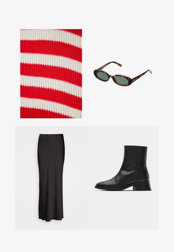 Čierny blazer s vyvýšenými klopami, nosený cez bielu mikinu s grafickým potlačou, na ktorej sú červené čerešne. Dokončené čiernym baseballovým šiltovkou.; Červená a biela pruhovaná pletenina, s širokými horizontálnymi pruhmi a rebrovanou textúrou. Rovnomerné rozloženie farieb po celom povrchu.; Čierny rebrový tielko s okrúhlym výstrihom a vyšitým logom v bielej farbe. Materiál má hladkú textúru a priliehajúci strih.; Čierna saténová sukňa až po zem s hladkou textúrou, priliehavým pásom a siluetou do A, bez viditeľných ozdôb alebo vzorov.; Čierne členkové topánky vyrobené z lesklej kože, s elegantným dizajnom, špicatou špičkou a stredne vysokým blokovým podpätkom pre stabilitu.; Slnečné okuliare v štýle korytnačiny s oválnymi rámami a zelenými sklami. Majú tenké nožičky s kovovým akcentom pri pántoch.