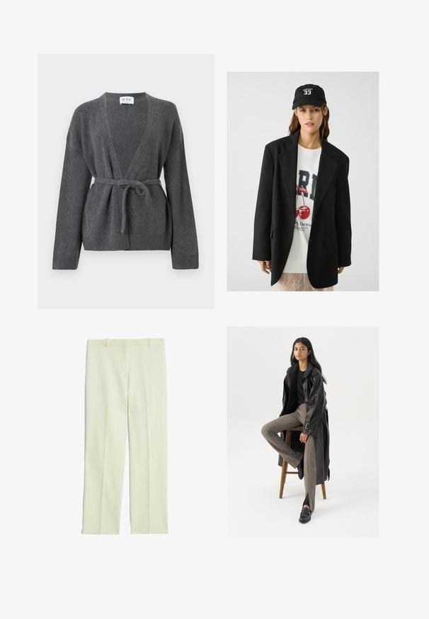 Zwarte blazer met geknipte revers, gedragen over een wit t-shirt met een grafische print van rode kersen. Afgemaakt met een zwarte baseballpet.; Donkergrijze gebelde cardigan met lange mouwen, V-hals en geribde manchetten en zoom, weergegeven op een witte achtergrond.; Witte mouwloze tanktop met een ronde hals, gemaakt van ribbelstof; eenvoudig ontwerp zonder patronen of versieringen.; Crème-kleurige op maat gemaakte broek met een recht model, met een platte voorkant, riemlussen en een soepele textuur.; Zwarte leren trenchcoat met knopen en riemdetails, gecombineerd met lichtbruine getailleerde broek en zwarte loafers, zittend op een houten kruk.