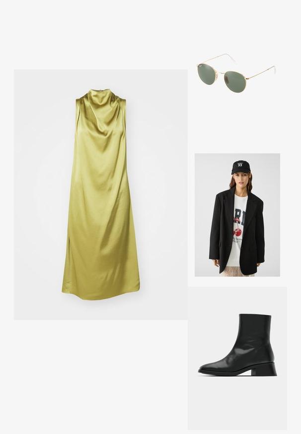 Musta bleiseri, jossa on viistetyt läpät, päällä valkoinen graafinen college-paita, jossa on punaisia kirsikoita. Asusteena musta baseball-lakki.; Hihaton cowl-olkaimeinen mekko kirkkaassa vaaleanvihreässä silkissä, jossa on pehmeä texture ja virtaava siluetti sivureikineen.; Mustan nilkkuri kiiltävästä nahasta, jossa on tyylikäs muotoilu, terävä kärki ja kohtalaisen tukevat korkeat korot vakautta varten.; Kultaiset metallikehyiset aurinkolasit, joissa on vihreät linssit, pyöreä muoto, ohuet templet ja valkoiset muoviset korostukset varsien päissä.