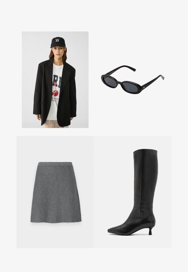 Sort blazer med spidse klapkraver, båret over en hvid grafik sweatshirt med røde kirsebær. Afsluttet med en sort baseballkasket.; Beige strikket sweater med høj ribbet krave, drop shoulders og ribbet kant, der viser en blød tekstur og afslappet pasform.; Hvid ærmeløs tanktop med rund halsudskæring, lavet af ribbet materiale; enkel design uden mønstre eller udsmykninger.; Grå uldnederdel med en tætsiddende talje, A-linjeform og glat tekstur. Ingen lommer eller synlige hardwaredetaljer.; Zign Høje støvler/ Støvler - black; Store store; Sort læder skuldertaske med en glat overflade, buet form og en enkelt justerbar rem, der har guldfarvet hardware og et brandet accent.