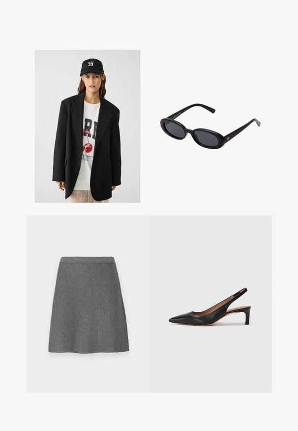 Blazer noir à revers, porté sur un sweat à capuche graphique blanc arborant des cerises rouges. Complété par une casquette de baseball noire.; Pull en tricot beige avec un col haut à côtes, des épaules tombantes et un ourlet côtelé, présentant une texture douce et une coupe décontractée.; Débardeur blanc sans manches avec un col rond, fabriqué en matière côtelée ; design simple sans motifs ni embellissements.; Jupe en laine grise avec une taille ajustée, forme évasée et texture lisse. Pas de poches ni de détails métalliques visibles.; Escarpin slingback en cuir noir avec un bout pointu, un petit talon et une texture lisse. Doté d'une fine sangle réglable pour un ajustement sécurisé.; Lunettes de soleil noires surdimensionnées avec des verres ovoïdes, monture en plastique lisse et accents dorés sur les tempes. Les verres sombres offrent une protection contre le soleil.; Sac à épaule en cuir noir avec une texture lisse, une forme incurvée et une seule bandoulière réglable avec des ferrures dorées et un accent de marque.