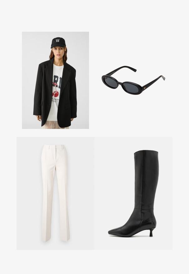 Černý blejzr s klopami, nošený přes bílou mikinu s grafickým potiskem červených třešní. Dokončeno černou baseballovou čepicí.; Beige pletený svetr s vysokým vroubkovaným límcem, spadlými rameny a vroubkovaným lemem, který se vyznačuje jemnou texturou a uvolněným střihem.; Marella ICELAND - Kalhoty - bianco lana; Zign Vysoká obuv - black; Černé oversized sluneční brýle s oválnými čočkami, hladkým plastovým rámem a zlatými akcenty na spáncích. Tmavé čočky poskytují ochranu před sluncem.; Černá taška přes rameno vyrobená z texturovaného materiálu, s dvěma dlouhými uchy a jednoduchým, minimalistickým designem bez viditelného kování.