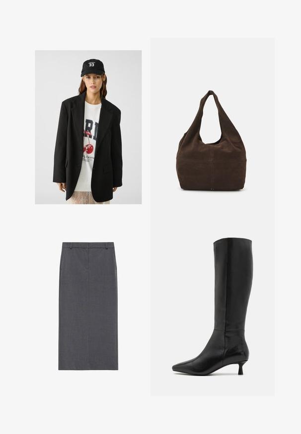 Čierny blazer s vyvýšenými klopami, nosený cez bielu mikinu s grafickým potlačou, na ktorej sú červené čerešne. Dokončené čiernym baseballovým šiltovkou.; Biele tričko s dlhým rukávom, ktoré má klasický golier, centrálny gombíkový priehľad a hladkú tkaninu s mierne skráteným lemom.; Sivá ceruzková sukňa, dĺžka po kolená, vyrobená z hladkej látky. Má úzky strih s plochým pásom a žiadne viditeľné zapínanie ani vrecká.; Zign Čižmy - black; Hnedá semišová taška cez rameno s hobo dizajnom. Má široké otváranie, jemnú textúru a bezšvovú, zaoblenú rukoväť pre jednoduché nosenie.
