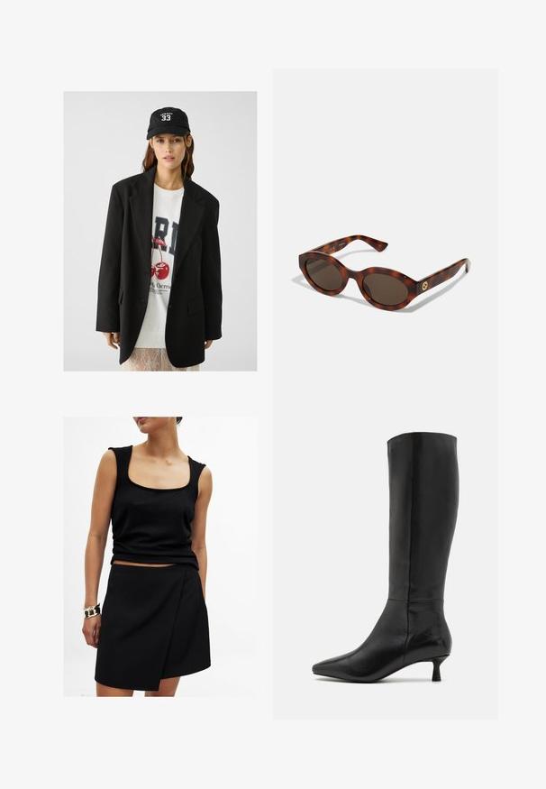 Blazer nero con risvolti, indossato sopra una felpa grafica bianca con ciliegie rosse. Completato con un cappellino da baseball nero.; Camicia bianca a maniche lunghe con colletto classico, pattina centrale con bottoni e tessuto liscio con orlo leggermente accorciato.; Top nero senza maniche con scollo quadrato, abbinato a una gonna nera a portafoglio coordinata, entrambi in tessuto morbido. Bracciale dorato al polso.; Zign Stivali alti - black; Occhiali da sole in tartaruga con montatura arrotondata, lenti scure e dettagli in oro sul tempio. Materiale in plastica liscia, senza schemi visibili.; Una donna con giacca di pelle nera e pantaloni beige porta una grande borsa a tracolla in suede marrone.