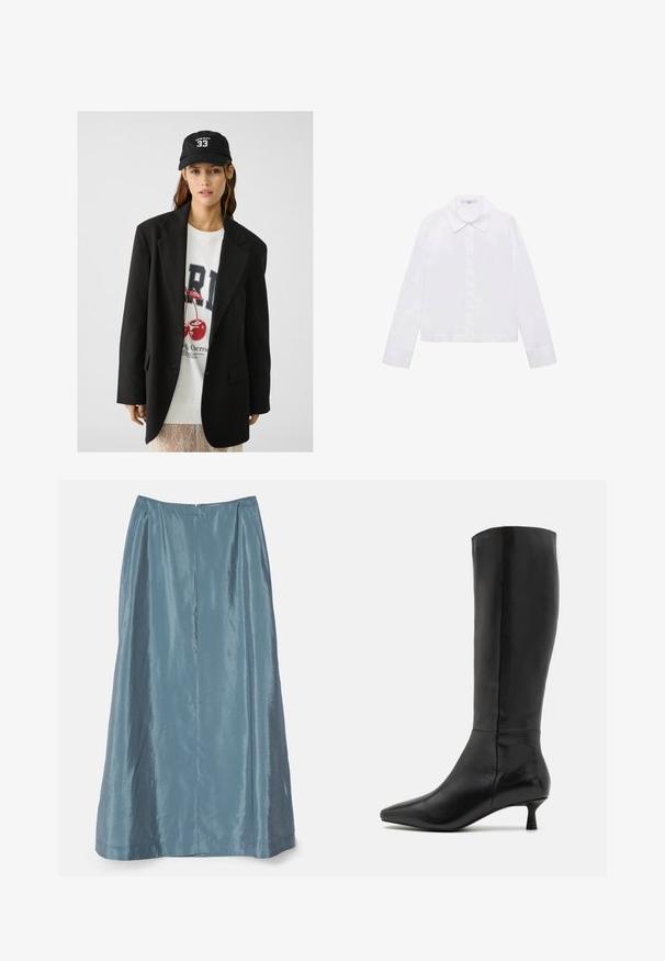 Blazer noir à revers, porté sur un sweat à capuche graphique blanc arborant des cerises rouges. Complété par une casquette de baseball noire.; Chemise blanche à manches longues avec un col classique, patte de boutonnage centrale et tissu lisse, dotée d'un ourlet légèrement court.; Une jupe longue plissée en un tissu bleu doux et scintillant avec une fermeture éclair dissimulée au dos et une texture lisse.; Zign Bottes - black