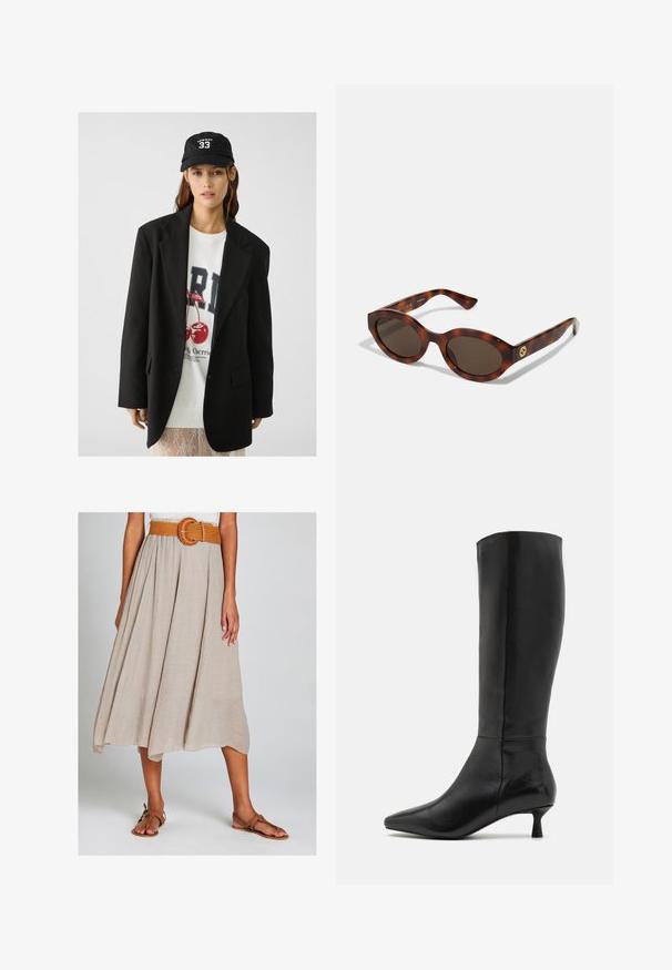 Svart blazer med klaffslags, bärs över en vit grafisk sweatshirt med röda körsbär. Avslutad med en svart basebollkeps.; Vit långärmad skjorta med klassisk krage, central knappslå och slät tyg med en något beskuren nederkant.; Beige A-linje midi kjol i texturerat tyg, med ett flätat orange bälte med en cirkulär spänne och kombinerad med bruna platta sandaler.; Zign Stövel - black; Skalbagge solglasögon med runda bågar, mörka linser och guldlogo på skalmarna. Slät plastmaterial, inga synliga mönster.; Kvinna som bär en svart kavaj och kjol, hållande en stor mörkbrun mocka axelväska mot en vit bakgrund.