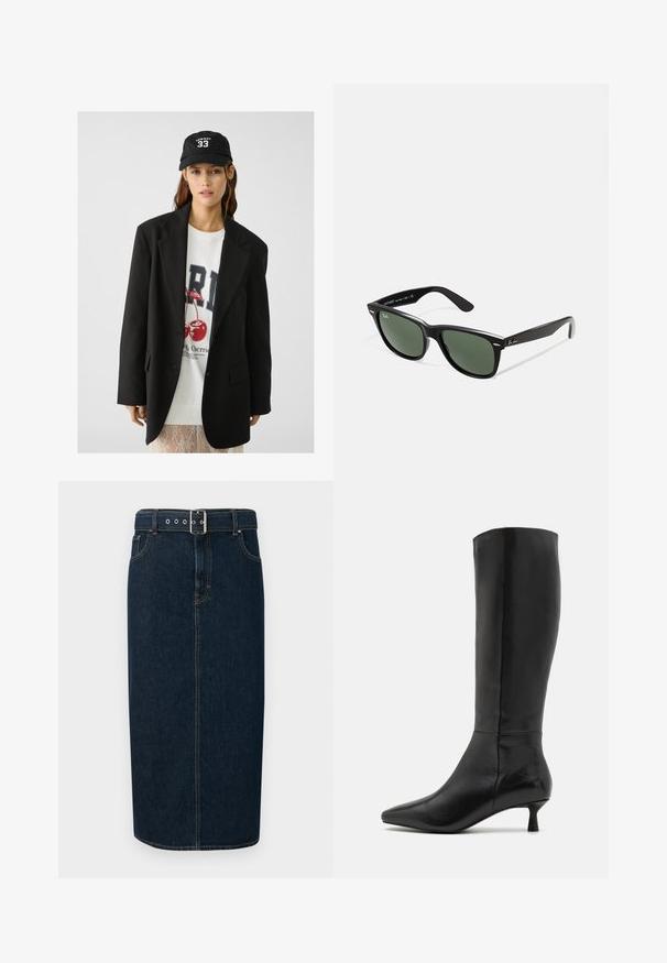 Sort blazer med spidse klapkraver, båret over en hvid grafik sweatshirt med røde kirsebær. Afsluttet med en sort baseballkasket.; Hvid langærmet skjorte med klassisk krave, central knaplukning og glat stof med en let cropped kant.; Mørkeblå denim midi-nederdel med lige snit, udstyret med et spænde bælte, sølv hardware og kontrastsyninger langs sømmene.; Zign Høje støvler/ Støvler - black; Sorte plastiksolkaber med grønne linser, firkantede stel, sølvaccent på brynene og teksturerede templede arme. Angivet mærke på den indre arm.