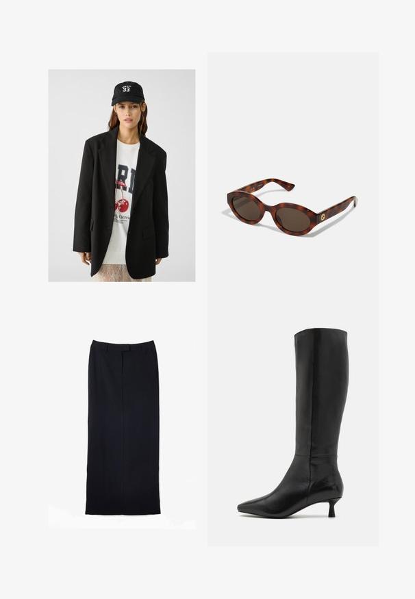 Sort blazer med spidse klapkraver, båret over en hvid grafik sweatshirt med røde kirsebær. Afsluttet med en sort baseballkasket.; Hvid langærmet skjorte med klassisk krave, central knaplukning og glat stof med en let cropped kant.; Sort lang nederdel med lige snit, lavet af glat stof, med en taljeelb, to sidelommer og en ren finish uden synlige mønstre.; Zign Høje støvler/ Støvler - black; Skildpaddemønstret solbriller med runde rammer, mørke linser og gulds logo detaljering på stængerne. Glat plastmateriale, ingen synlige mønstre.; Kvinde iført sort læderjakke og beige bukser bærer en stor brun ruskinds skuldertaske.