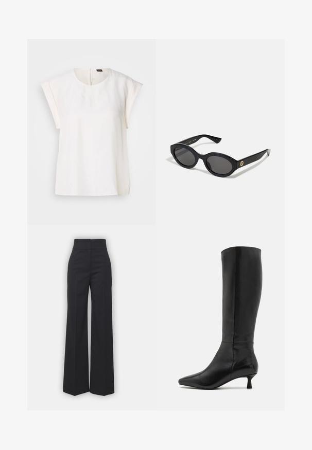 Čierny blazer s vyvýšenými klopami, nosený cez bielu mikinu s grafickým potlačou, na ktorej sú červené čerešne. Dokončené čiernym baseballovým šiltovkou.; Biela blúzka s krátkym rukávom, ktorá má okrúhly výstrih, hladkú látku a neviditeľný zips na zadnej strane. Rovný spodný lem a uvoľnený strih.; Široké nohavice z čiernej tkaniny s vysokým pásom, s čistým lemovaním a hladkou textúrou. Bez viditeľných kovových prvkov alebo vzorov.; Zign Čižmy - black; Čierne oválne slnečné okuliare s tmavými sklami a lesklým plastovým rámom. Obsahujú zlaté logo na stráne, čo im dáva elegantný a moderný dizajn.