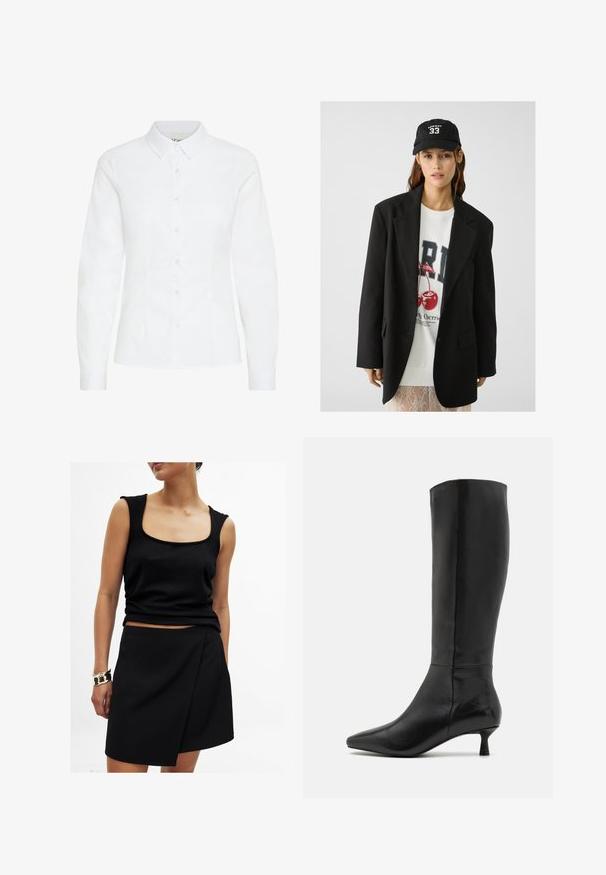 Schwarzes Blazer mit Revers, getragen über einem weißen Sweatshirt mit grafischem Aufdruck in Form roter Kirschen. Abgerundet mit einer schwarzen Baseballkappe.; Weiße knopflose Hemd aus glattem Stoff. Verfügt über lange Ärmel, einen klassischen Kragen und sechs vordere Knöpfe mit einer taillierten Passform.; Schwarzes ärmelloses Top mit quadratischem Ausschnitt, kombiniert mit einem passenden schwarzen Wickelrock, beide aus glattem Stoff. Goldarmband am Handgelenk.; Zign Stiefel - black