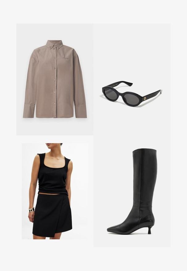 Sort blazer med spidse klapkraver, båret over en hvid grafik sweatshirt med røde kirsebær. Afsluttet med en sort baseballkasket.; Button-up skjorte i lys brun bomuld med krave, lange ærmer og frontlukning med knapper. Funktioner broderede detaljer og logo.; Sort ærmeløs top med firkantet udskæring, parret med en matchende sort omslagsnederdel, begge i glat stof. Guldarmbånd på håndleddet.; Zign Høje støvler/ Støvler - black; Sorte ovale solbriller med mørke linser og blank plastramme. Har et guldlogo på stykket, hvilket giver et slankt og moderne design.; Kvinde iført sort læderjakke og beige bukser bærer en stor brun ruskinds skuldertaske.