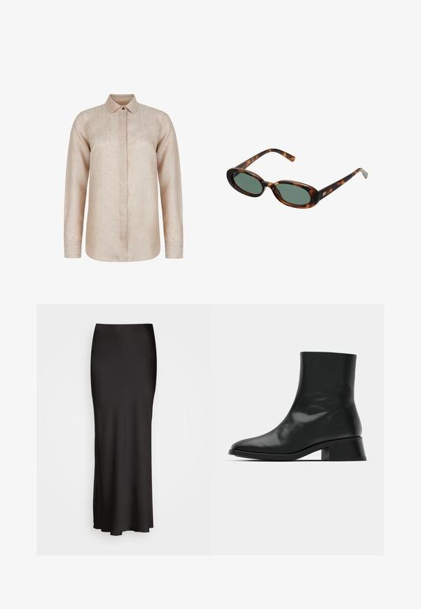 Sort blazer med spidse klapkraver, båret over en hvid grafik sweatshirt med røde kirsebær. Afsluttet med en sort baseballkasket.; Beige linned skjorte med lange ærmer, spids krave, knaplukning foran og en let buet kant. Har en struktureret stoffinish.; Sort ribbet tanktop med rund hals og hvidt broderet logo. Stoffet har en glat tekstur med en tætsiddende form.; Sort, maxiskørt i satin med en glat tekstur, tætsiddende talje og A-formet silhuet, uden synlige udsmykninger eller mønstre.; Sort ankelstøvle lavet af blank læder, med et strømlinet design, spids tå og en moderat blokhælhøjde for stabilitet.; Skildpaddemønstrede solbriller med ovale stel og grønne linser. Har tynde arme med en metallisk detalje nær hængslerne.
