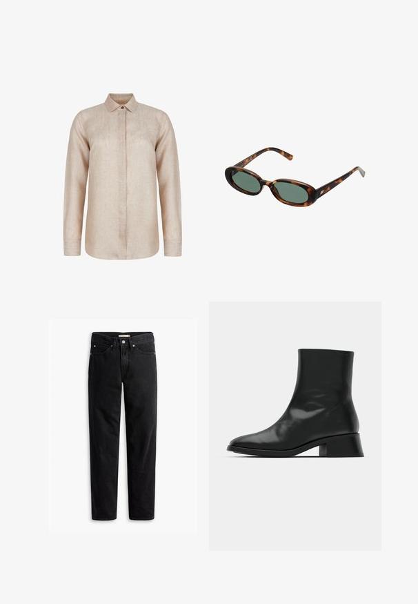 Svart blazer med klaffslags, bärs över en vit grafisk sweatshirt med röda körsbär. Avslutad med en svart basebollkeps.; Beige linne skjorta med långa ärmar, spetsig krage, framknäppning och en något böjd nederkant. Har en texturerad tygfinish.; Svart ribbad linne med rund halsringning och broderad logotyp i vitt. Tyg med en mjuk textur och en åtsittande passform.; Svarta raka jeans med knäppning och dragkedja, bältesöglor samt fram- och bakfickor, uppvisade liggande på vit bakgrund.; Svart ankelboot i glänsande läder, med en smäcker design, spetsig tå och en måttlig blockklack för stabilitet.; Sköldpaddsmönstrade solglasögon med ovala bågar och gröna linser. Har tunna skalmar med en metallisk detalj vid gångjärnen.