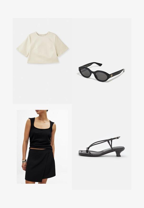 Schwarzes Blazer mit Revers, getragen über einem weißen Sweatshirt mit grafischem Aufdruck in Form roter Kirschen. Abgerundet mit einer schwarzen Baseballkappe.; Cremfarbener Cropped-Top aus glattem Material, mit kurzen Ärmeln, rundem Ausschnitt und dezentem Nahtdesign.; Schwarzes ärmelloses Top mit quadratischem Ausschnitt, kombiniert mit einem passenden schwarzen Wickelrock, beide aus glattem Stoff. Goldarmband am Handgelenk.; Schwarze Leder-Sandale mit dünnen Riemen, niedrigem Blockabsatz und quadratischer Spitze. Sie verfügt über einen Schnallenverschluss und eine glatte Textur.; Schwarze ovale Sonnenbrille mit dunklen Gläsern und glänzendem Kunststoffrahmen. Mit goldenem Logo am Bügel, das ein elegantes und modernes Design bietet.; Kleine schwarze Ledertasche mit runder Form, Obergriff und abnehmbarem Riemen. Getragen zu einem schwarzen Stoffkleid und schwarzen plissierten Schuhen.