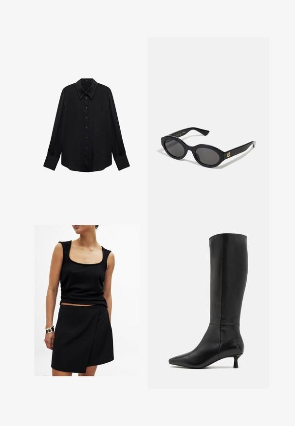 Schwarzes Blazer mit Revers, getragen über einem weißen Sweatshirt mit grafischem Aufdruck in Form roter Kirschen. Abgerundet mit einer schwarzen Baseballkappe.; Schwarzes langärmliges Hemd aus glattem Stoff. Verfügt über einen spitzen Kragen, eine Knopfleiste und einen geraden Saum. Keine Muster oder Akzente sichtbar.; Schwarzes ärmelloses Top mit quadratischem Ausschnitt, kombiniert mit einem passenden schwarzen Wickelrock, beide aus glattem Stoff. Goldarmband am Handgelenk.; Zign Stiefel - black; Schwarze ovale Sonnenbrille mit dunklen Gläsern und glänzendem Kunststoffrahmen. Mit goldenem Logo am Bügel, das ein elegantes und modernes Design bietet.