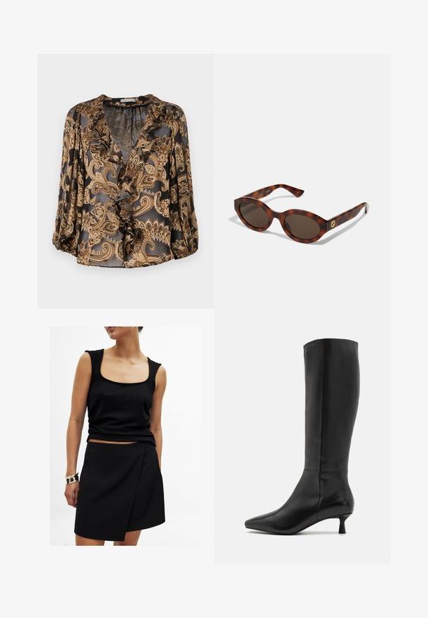 Sort blazer med spidse klapkraver, båret over en hvid grafik sweatshirt med røde kirsebær. Afsluttet med en sort baseballkasket.; Sort og guld paisley bluse med rynket V-hals, trekvartærmer og en gennemsigtig tekstur, der har en løs pasform og et detaljeret mønster.; Sort ærmeløs top med firkantet udskæring, parret med en matchende sort omslagsnederdel, begge i glat stof. Guldarmbånd på håndleddet.; Zign Høje støvler/ Støvler - black; Skildpaddemønstret solbriller med runde rammer, mørke linser og gulds logo detaljering på stængerne. Glat plastmateriale, ingen synlige mønstre.; Kvinde iført en sort blazer og nederdel, som holder en stor mørkebrun suedetaske mod en hvid baggrund.