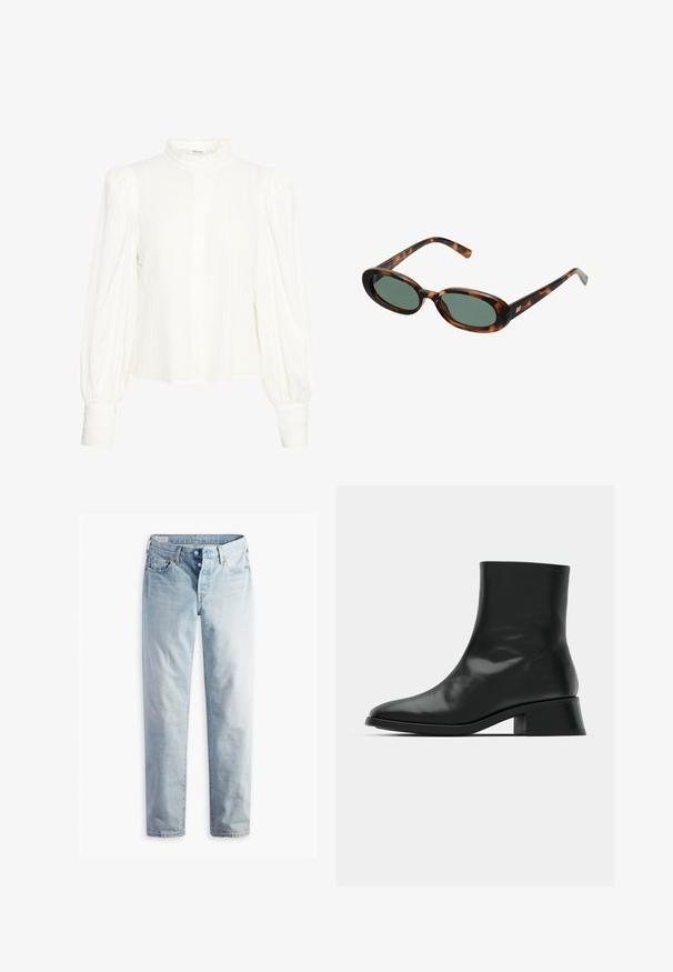 Černý blejzr s klopami, nošený přes bílou mikinu s grafickým potiskem červených třešní. Dokončeno černou baseballovou čepicí.; Bílá halenka s dlouhým rukávem vyrobená z texturované, zmačkané tkaniny. Má vysoký, volánkový límec a zapínání na knoflíky. Široké nafouklé rukávy a manžety na zápěstích.; Černý žebrovaný top bez rukávů s kulatým výstřihem a vyšívaným logem v bílé barvě. Materiál má hladkou texturu a těsný střih.; Světle modré denimové džíny s rovnými nohavicemi, dvě přední kapsy a dvě zadní kapsy. Obsahují dvouknoflíkový zip a jemné prošívání.; Černé kotníkové boty vyrobené z lesklé kůže, s elegantním designem, špičatou špičkou a umírněným blokovým podpatkem pro stabilitu.; Sluneční brýle ve hmotě želvoviny s oválnými obroučkami a zelenými čočkami. Mají tenké stranice s metalickým akcentem u závěsů.