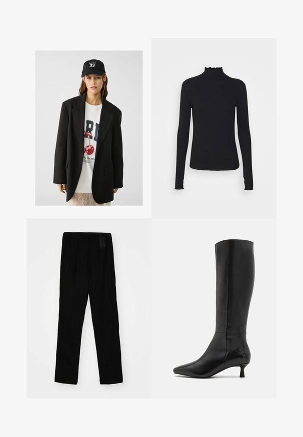 Črna blazer jakna z izrezom, nosi se preko belega grafičnega puloverja z rdečimi češpljami. Dokončano z črno bejzbol kapo.; Črn dolg rokav turtleneck zgornji del iz gladkega materiala, ki se ponaša z nabranim ovratnikom in prilegajočim silhueto s preprostimi robovi.; Črne ploščate hlače iz lahkega materiala, z elastičnim pasom in ravnim krojem. Gladka tekstura, brez vidnih vzorcev.; Zign Škornji - black