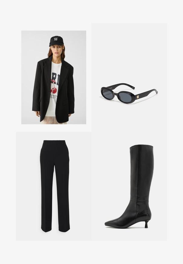 Crna jakna s reverima, nosi se preko bijelog duksera s grafikom crvenih trešanja. Završeno s crnom bejzbol kapom.; Crna majica bez rukava od rebraste tkanine, s okruglim izrezom i prilagođenim dizajnom, s glatkom teksturom i bez uzoraka.; Crne hlače ravnog kroja s glatkom teksturom. Opremljene su pojasom i nemaju vidljive uzorke ili akcentne detalje. Klasičan i krojeni dizajn.; Zign Čizme - black; Crne ovalne sunčane naočale s tamnim staklima, sjajnim plastičnim okvirom, širokim krakovima i malim zlatnim detaljem s jedne strane.; Crna kožna torba preko tijela s teksturiranom površinom, podesivom trakom i srebrnim hardverom. Ima prednji preklop s kopčom za zatvaranje.