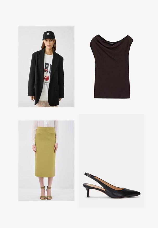 Schwarzes Blazer mit Revers, getragen über einem weißen Sweatshirt mit grafischem Aufdruck in Form roter Kirschen. Abgerundet mit einer schwarzen Baseballkappe.; Schwarzes, leichtes Top mit einem drapierten Ausschnitt und kurzen Ärmeln. Glatte Textur mit einem einfachen, schlichten Design.; Knielanger olivgrüner Bleistiftrock mit dezenten Seitentaschen, kombiniert mit olivfarbenen Riemchenheels und einer weißen Bluse mit Rüschen.; Schwarzer Leder Slingback-Pump mit spitzer Zehenform, niedrigem Kitten-Absatz und glatter Oberfläche. Verfügt über ein offenes Rückendesign und minimale Nahtdetails.